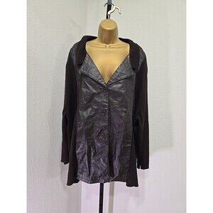Chocolate Brown Leather Panel Knit Sweater Jacket Womens 5X Plus Pockets Classic